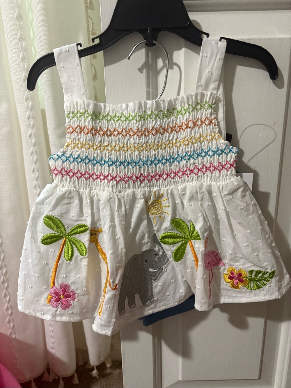2T White Smocked Baby Tank Top with Colorful Embroidered Animals